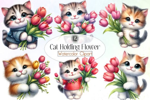 Watercolor Cat Holding Flower Clipart in Design